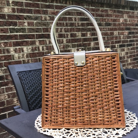 Vintage Woven Wicker Handbag w/ Leather Trim - Picture 2 of 13